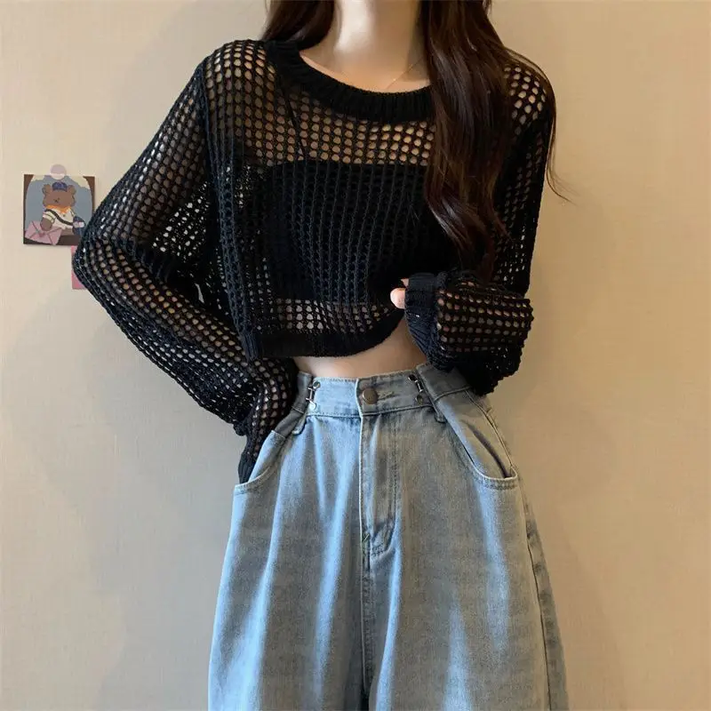 Women\'s Hollow White Black Grey Knit Sweater Short Korean fashion sexy Loose Long Sleeved Fishing Net Tops Women NS5903