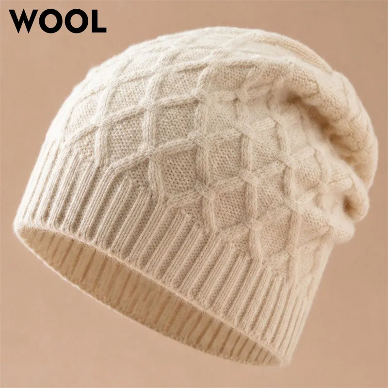 100% Wool Textured Diamond Lattice Knit Beanie Thickened Winter Warm Skull Cap Unisex Classic Soft Watch Cap