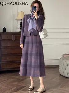 Women s Sets Plush Spliced Turndown Collar Coat High Waist A Line Midlength Skirt Vintage Contrast Plaid Two Piece Lady Clothing AliExpress