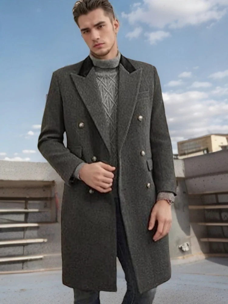 New Large Size Men's Woolen Coat Casual Outerwear Thickened for Plump People Straight Hem Design Double Breasted with Pockets