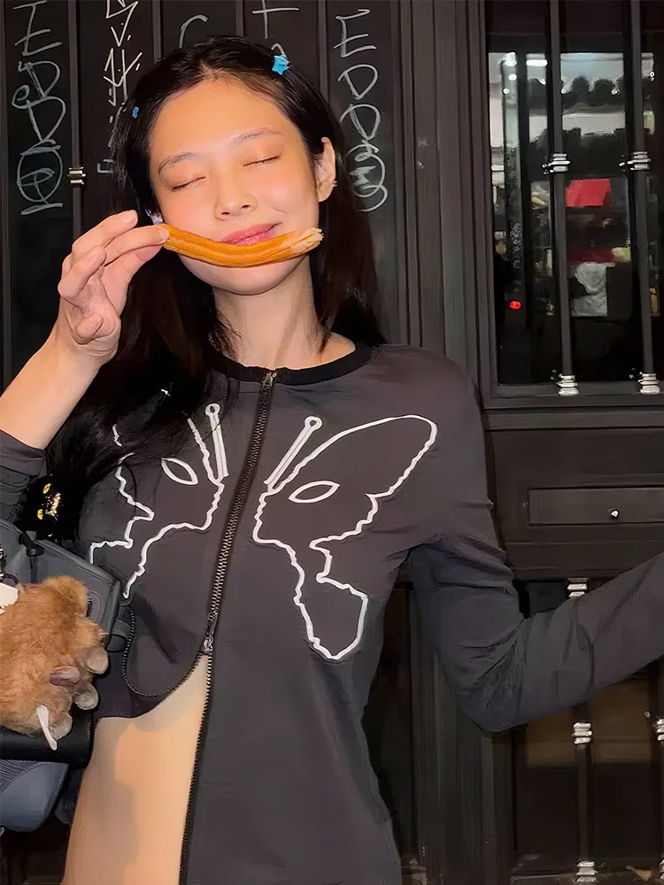 

Leosoxs Casual Butterfly Print Jacket Women Daily Classic Patchwork Full Sleeve Double Zip Trend Sporty Elastic Street Coat