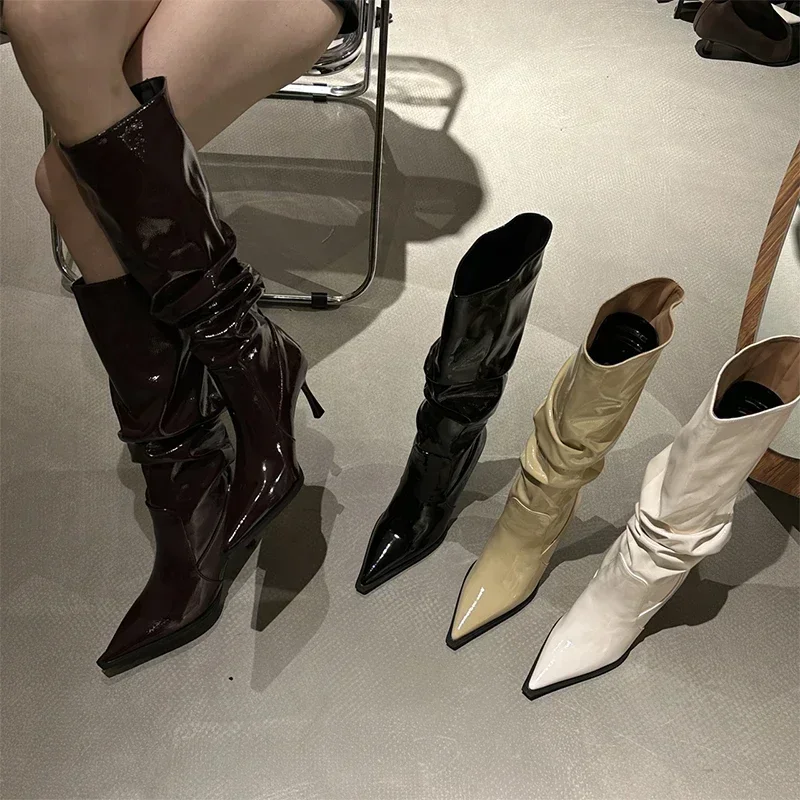 Women Leather High Boots Sexy High Heels Pointeed Toe Shoes Woman Trend Fashion Party Chelsea Boots Pumps New Mujer Snow Botas