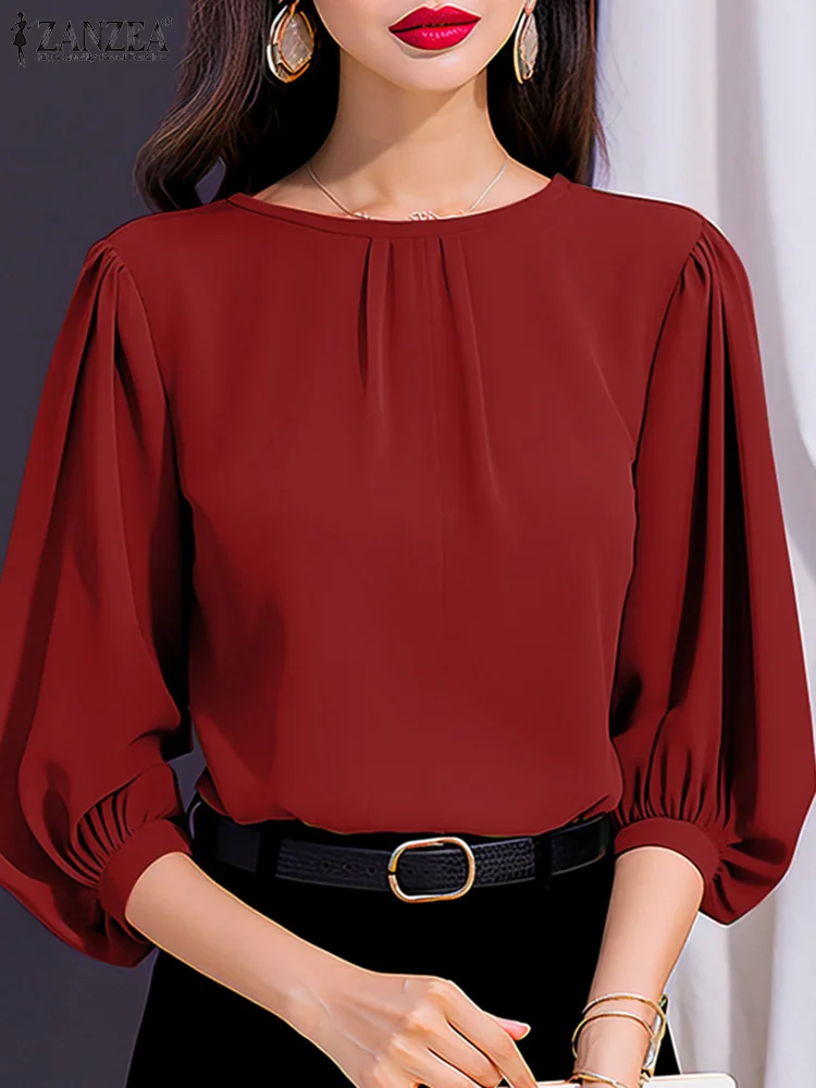 ZANZEA Women Lantern Sleeve Blouses Casual O Neck Stylish Shirts Summer OL Work Wear Pleated Blusas Elegant Solid Color Tops