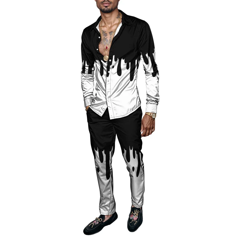 

3D стиль, весна-лето, мужской комплект рубашек с художественным принтом, модные чернила, комплект из 2 предметов, мужская картина маслом, легкий вес Ropa Hombre