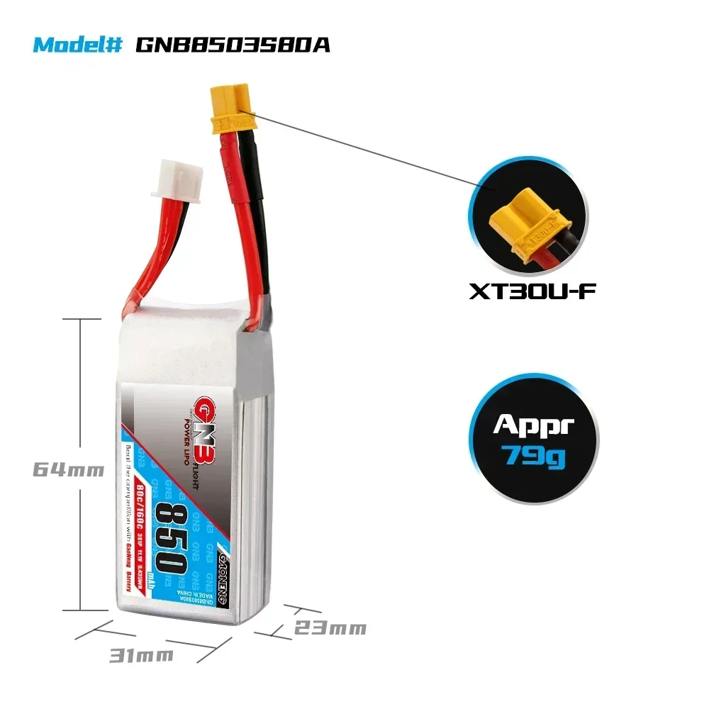 Oryginalny akumulator GNB 2S/3S/4S 850mAh 7.4V/11.1V/14.8V 80C Lipo do dronów wyścigowych FPV RC Quadcopter Battery z wtyczką XT30/XT60