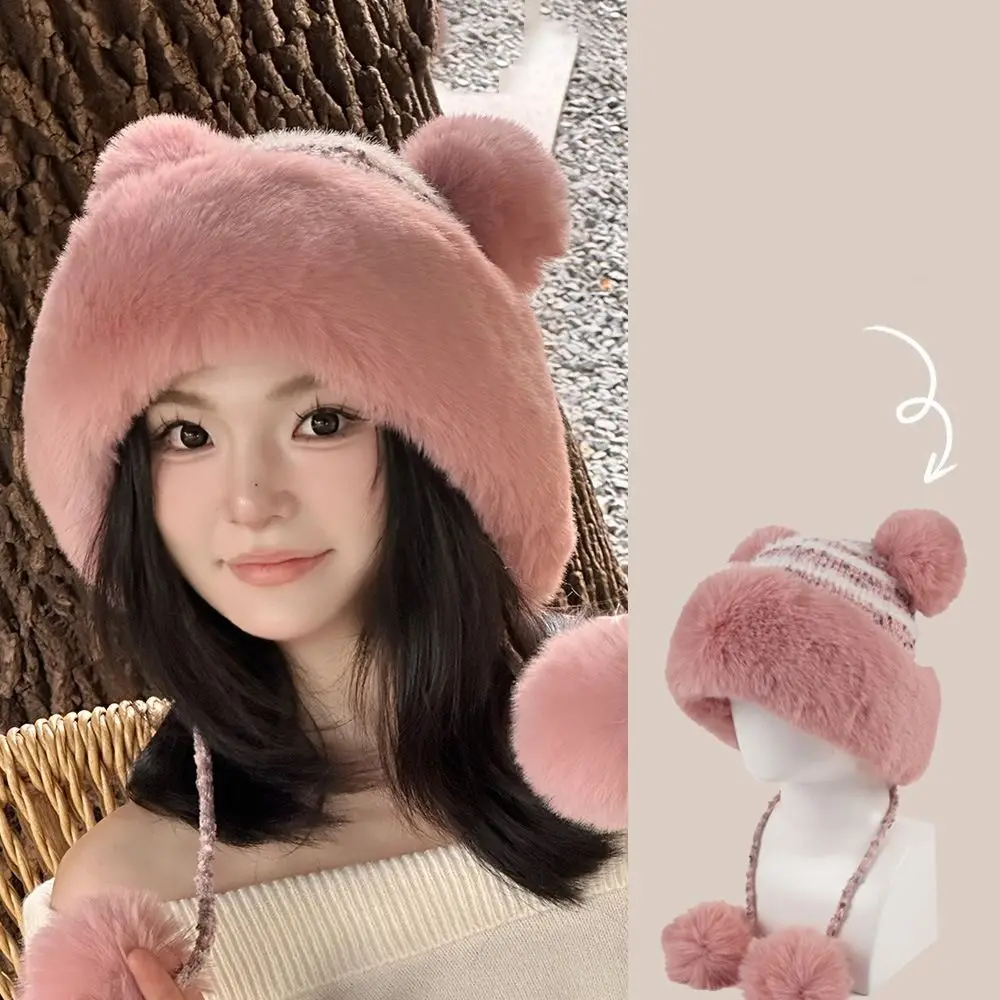 

Fashion Winter Warm Ear Protection Cap Cute Ears Windproof Pullover Cap Fluffy Thickened Plush Winter Warm Hat Autumn Winter