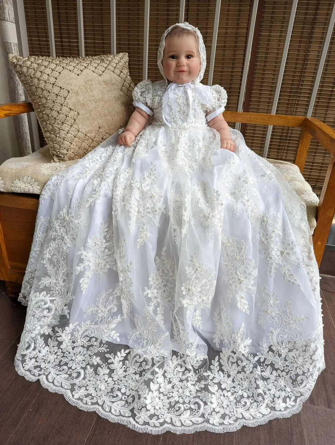 Lace Christening Gown for Baby Short Sleeve First Communion Dress Infant Toddler Girls Baptism Dresses With Bonnet