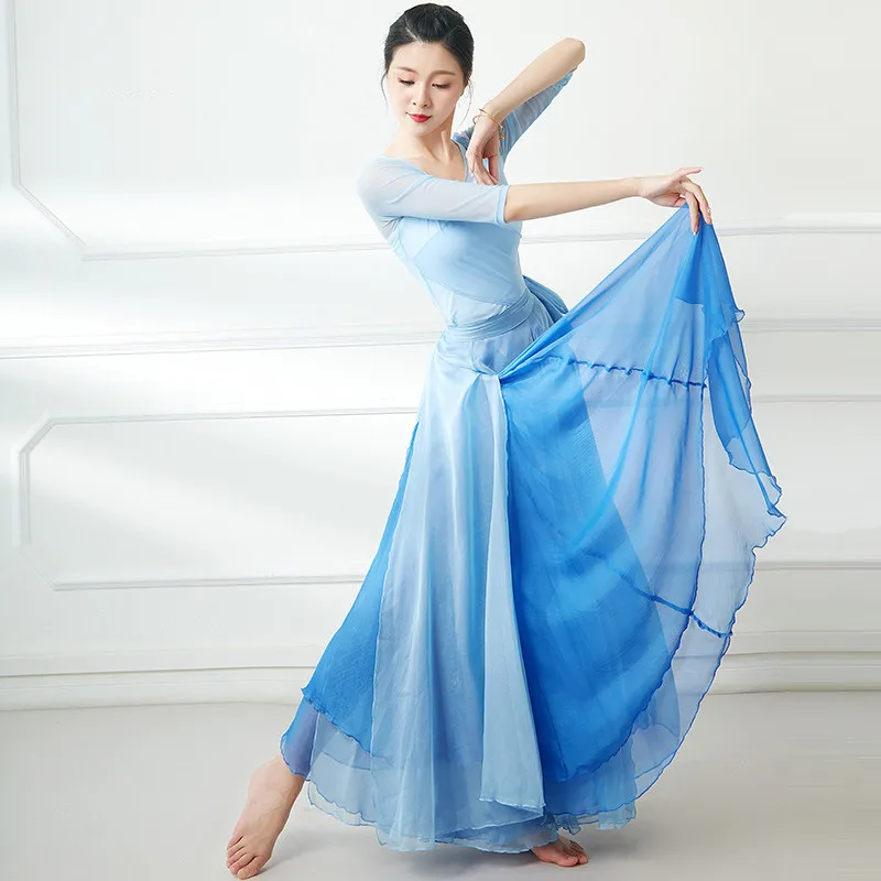 Classical Dance Skirt 720 Degrees Flowing 2 Layers Long Chifon Maxi Skirt Ethnic Style Stage Performance Classical Dance Costume