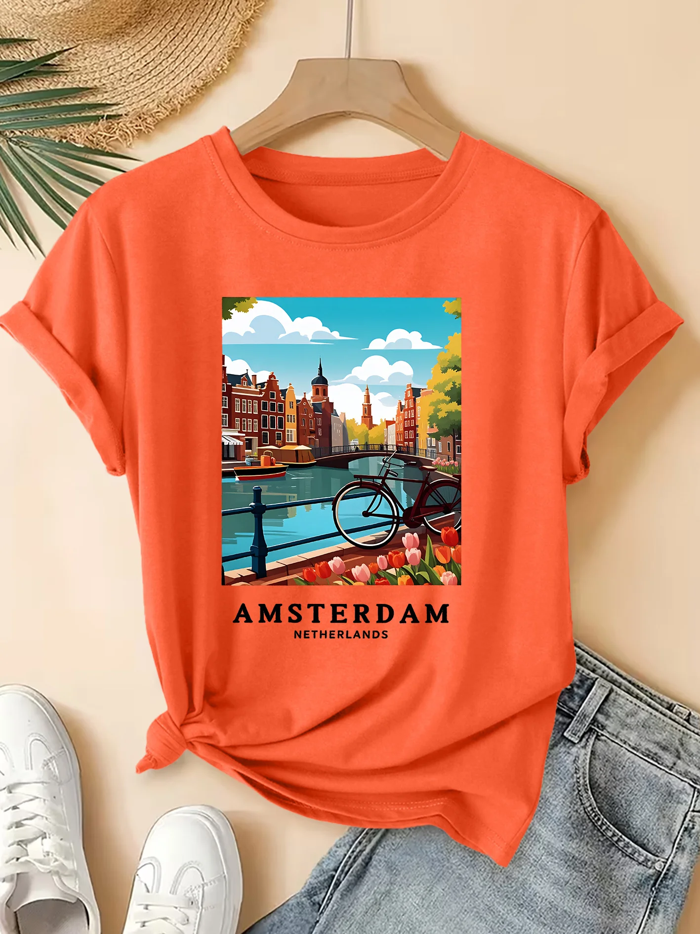 Amsterdam Landscape Printed Pattern Round Neck T-shirt Fresh Top Summer Elegant Party Fashion Versatile Commuter Women's Wear