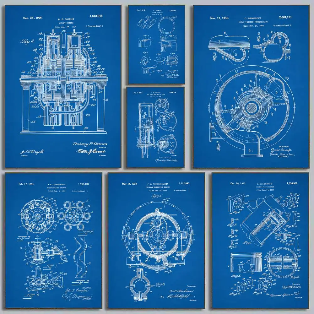 Classic E-Engine Motor Mechanic Blueprints  Poster Self Adhesive Wall Art Decor for Bedroom Living Room Office Home Decor Gift