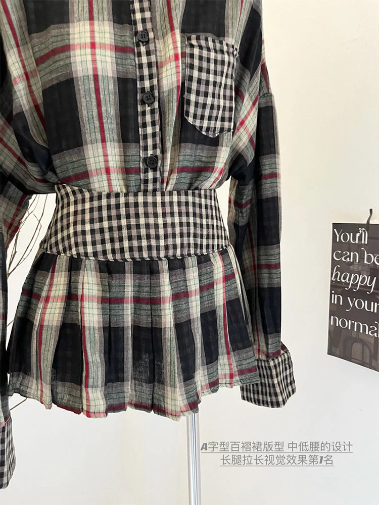 Herbst Frauen Anzug koreanische Mode Vintage Gyaru Y2k altes Geld Plaid Outfits 2 Stück Set Langarm Blusen Mini Falten rock