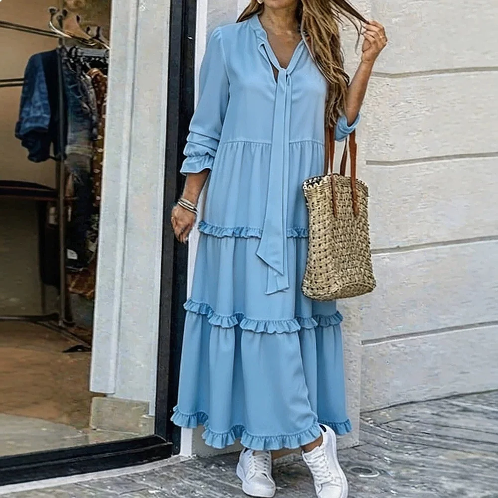 Elegant V Neck Long Sleeve Solid Color Maxi Dress Women Summer Spring Dresses Flowy Casual Midi Dress view 5