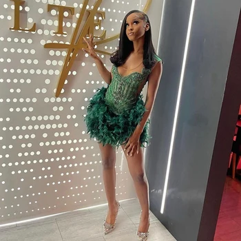 Robe de Rhen plumes vertes, col transparent, appliques en fibre de dentelle, perles, courte, soirée, au-dessus du genou, robe de cocktail