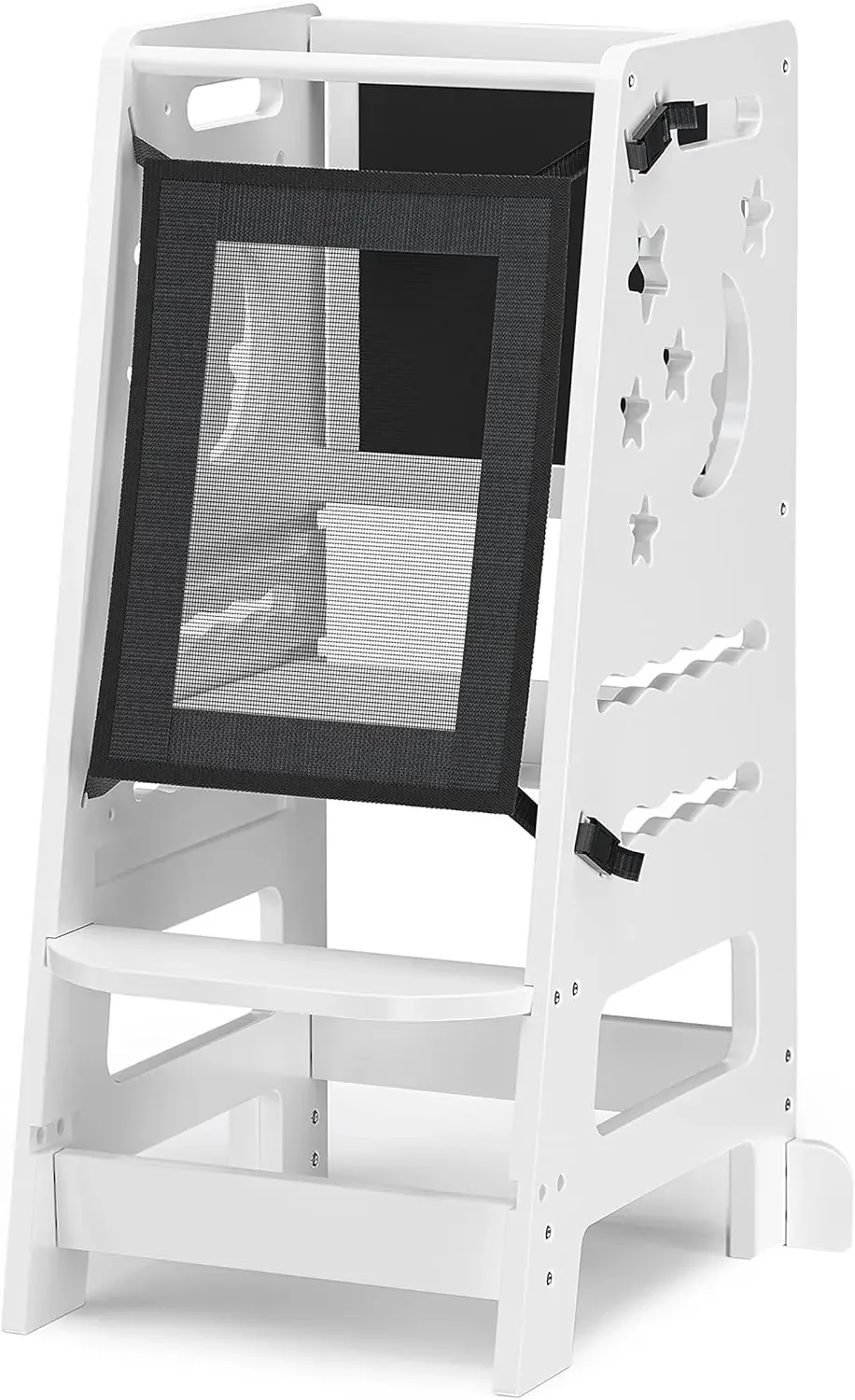 Bamboo Toddler Kitchen Stool for Kids Step Stool - White Little Helper Tower Adjustable Height with Learning Black & Whit