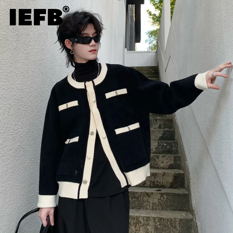 

IEFB Korean Style Men's Sweaters Chic Single Breasted Patchwork Round Collar Contrast Color Short Male Cardigan Stylish 9C8009