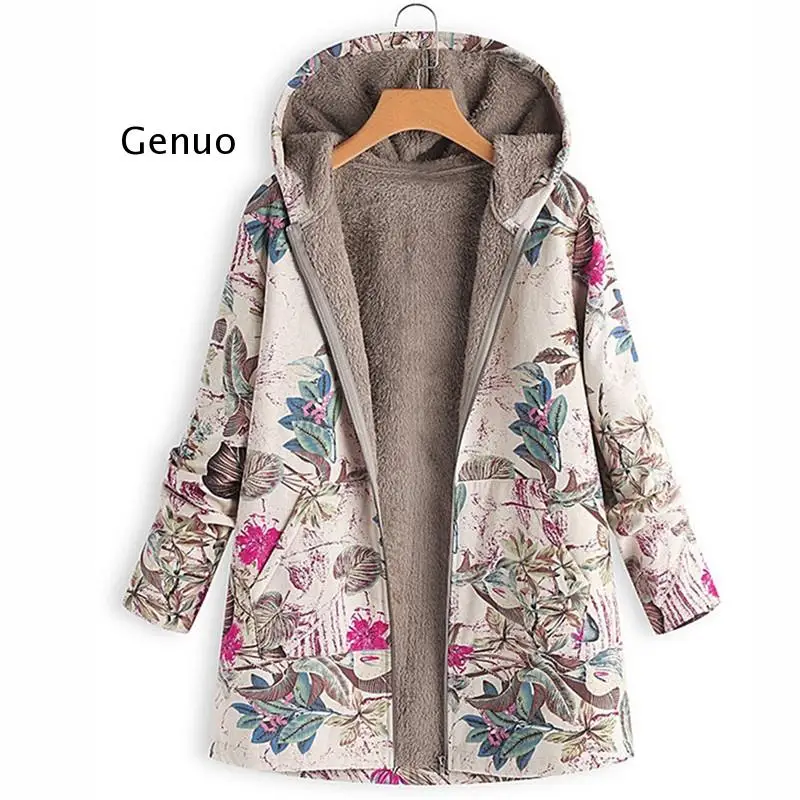 Women Vintage Warm Coats Autumn Winter Casual Printed Fashion Hooded Outwear Plus Size Long Sleeve Zipper Jackets Coats