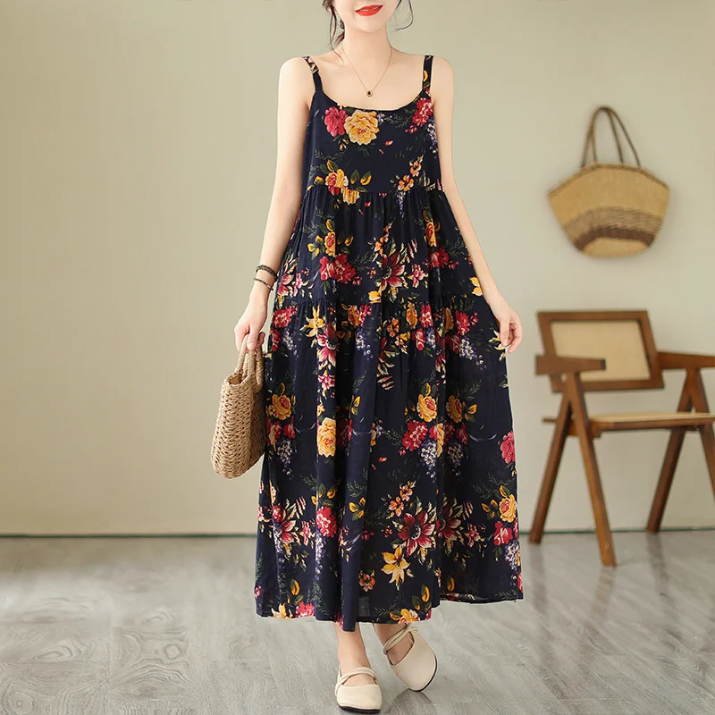 #6568 Blackless Camisole Dress Floral Printed A-line Dress Sexy Cotton Linen Sleeveless Spaghetti Straps Dress Thin Loose Summer