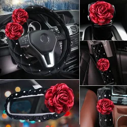 Red Rose Flower Diamond Plush Car Interior Steering Wheel Covers Seatbelt Cover Gear Shifter Sets Car Accessories for Girls