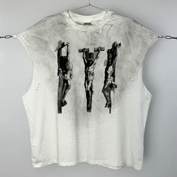 Yao Fashion Vintage Retro Washed Old Men Tops Cotton Vest Streetwear Oversize Casual Dirty Style Tee Graphics T Shirt For Men