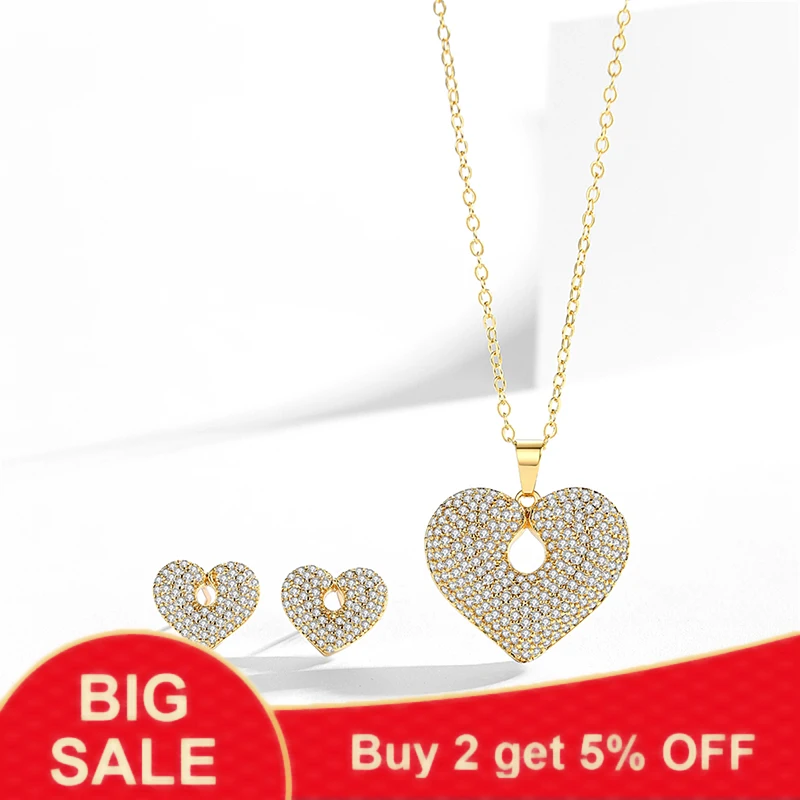 Full Inlaid Zircon Openwork Heart Pendant Necklaces Earrings Jewelry Sets for Women Anniversary Gifts Party Accessories