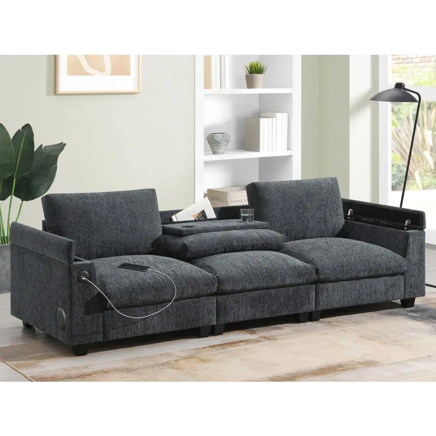 Sofá seccional de chenilla de 9635 pulgadas con Altavoz Bluetooth, cómodo juego de sofás en la nube con portavasos de mesa abatible, almacenamiento con cargador USB