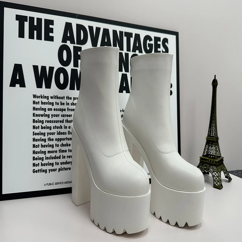 

White Patent Leather Women Ankle Boots with Chunky Heel and Round Style 14cm Short Tube Boots with Thick Bottom and High Heel