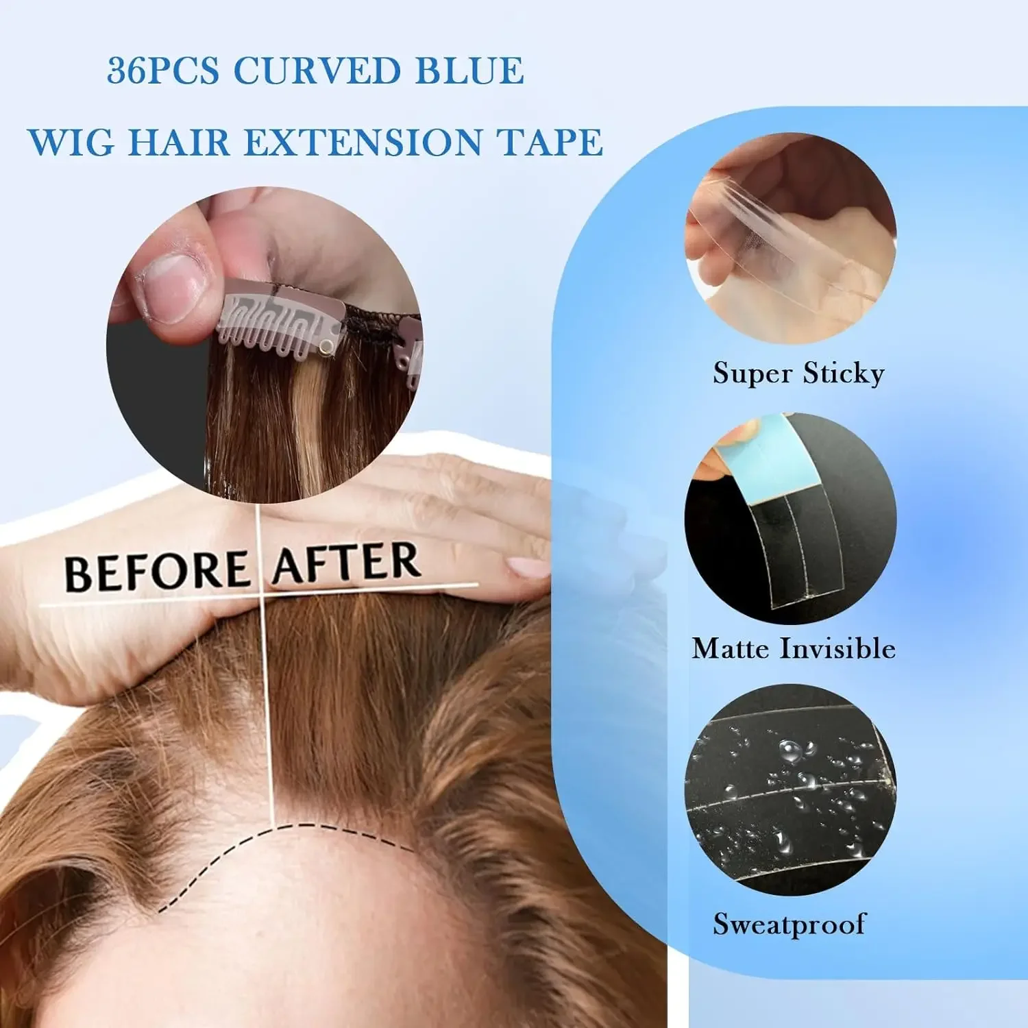 36Pcs/Lot Super Strong Hair Wig Tape Double Adhesive Extension Tape Strips Waterproof For Toupee/Lace Wigs Film C Shap