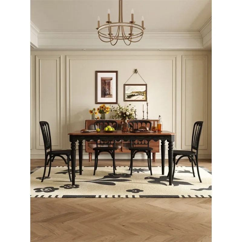 

Medieval solid wood dining table, walnut French retro dining table and chairs