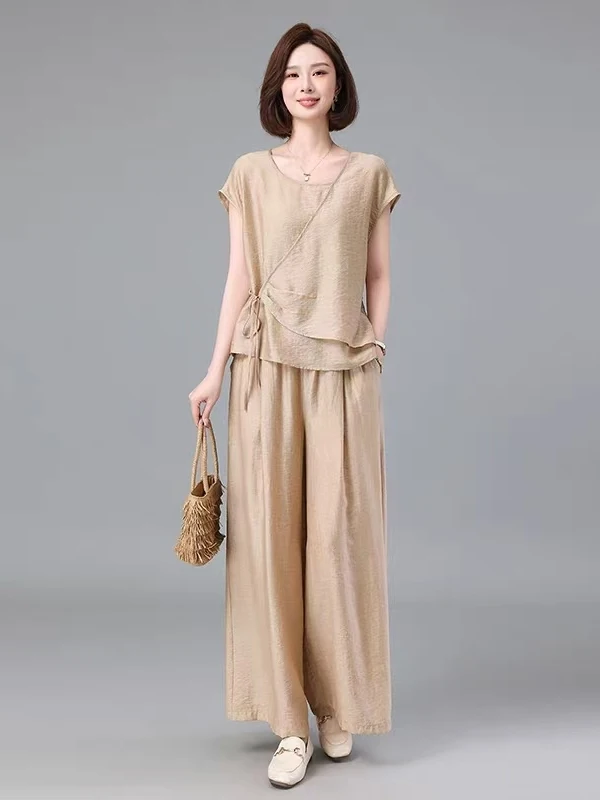 Faionable Summer 2025 Agel Loose Commute Simple Set Ele Senior Women's Cotton Long Pants ort Sve Two-Piece Suit - Image 2