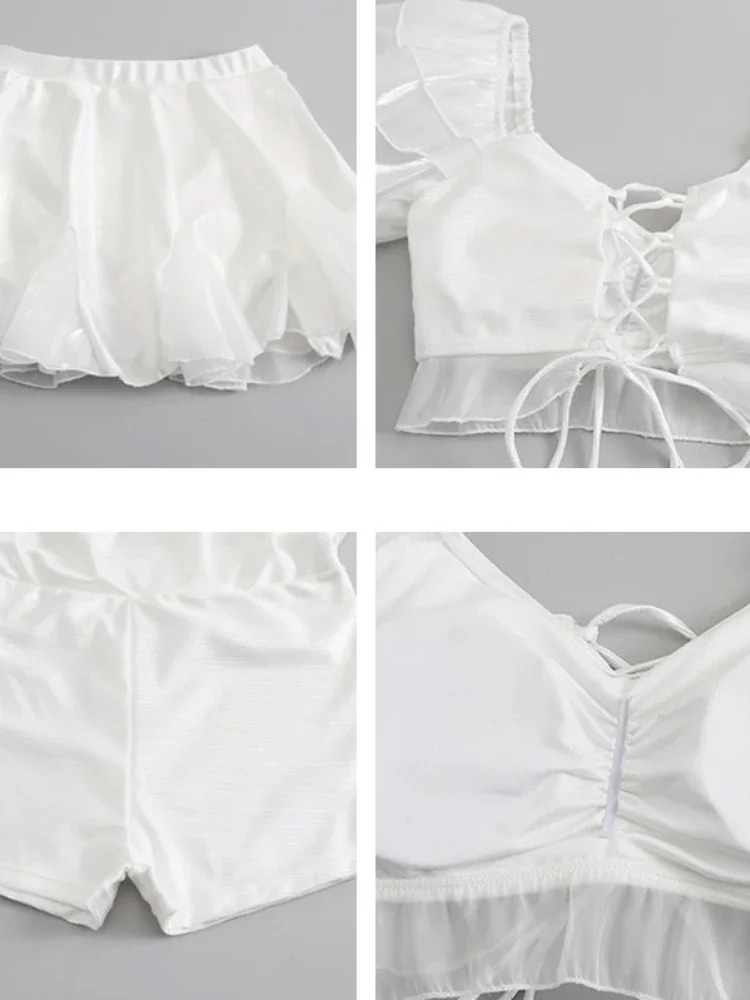 أطقم بيكيني برباط علوي سادة أكمام منتفخة مكشكشة موضة صغيرة على الشاطئ ملابس سباحة للعطلات الصيفية البنت أنيقة #6