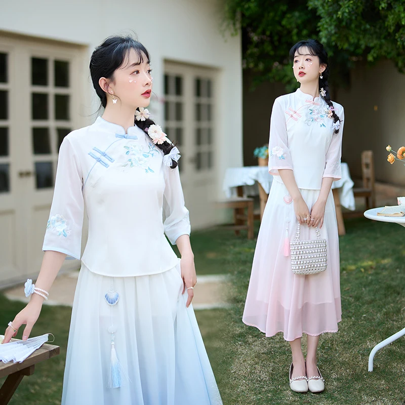 

Женская художественная одежда для чайной церемонии: вышитый топ из шифона с эффектом похудения, средней длины рукава, воротник-стойка, модный ретро-стиль