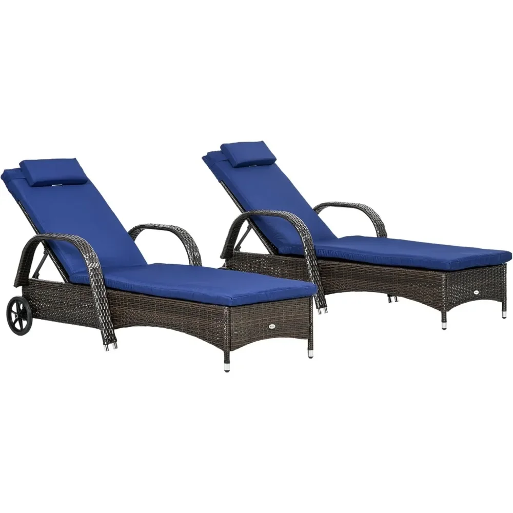 

Wicker Outdoor Chaise Lounge Set of 2, 5-Level Adjustable Backrest PE Rattan Pool Lounge Chair with Wheels, Cushion & Headrest