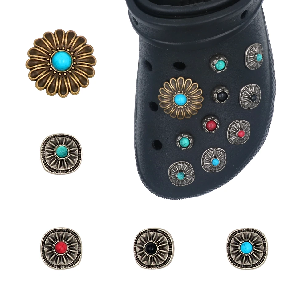 Shoe 크로크 Halloween Accessories Charm 1 Set 14 Pcs Pines Simulated Turquoise Metal Detachable Round Hole Sandals Decorations Gift