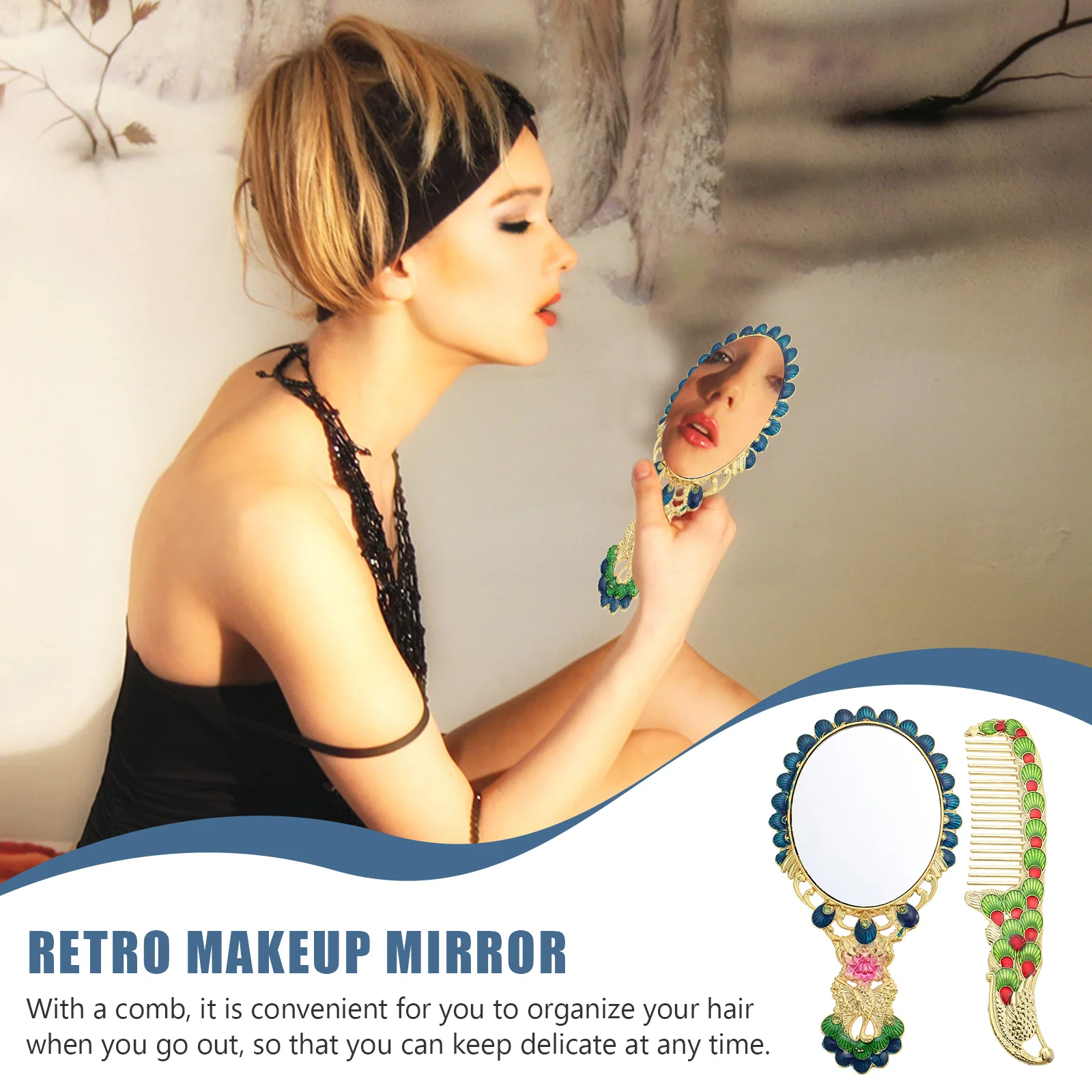 

1Set Handheld Makeup Mirror Vintage Peacocks Pattern Compact Portable Mirror Comb Set Retro Style Vanity Tool