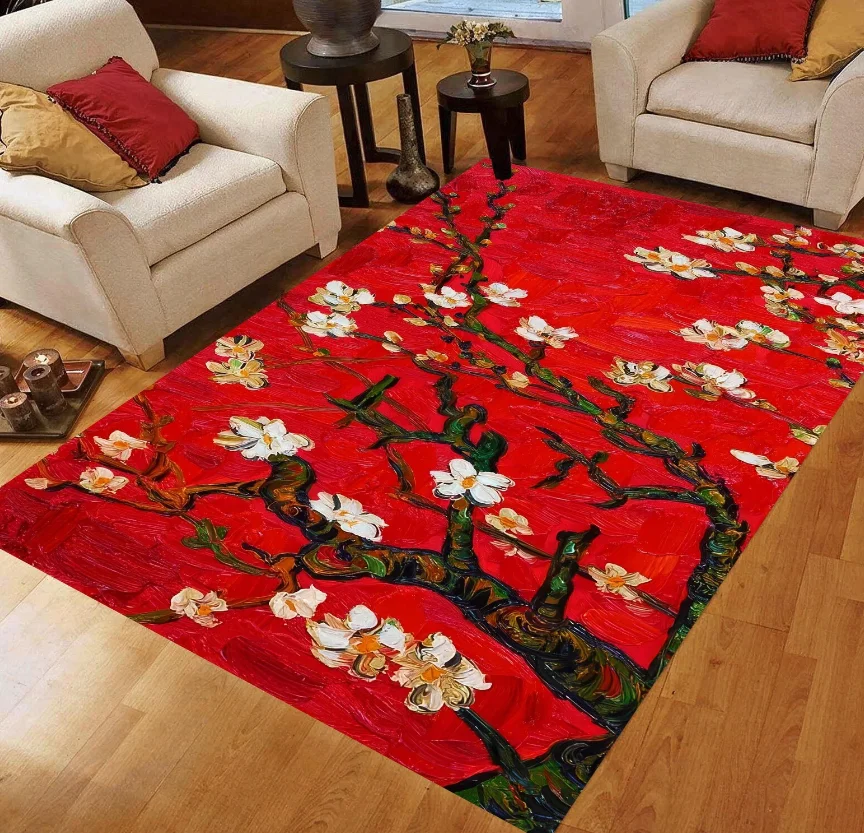 Japanese Red Sakura Area Rug Cherry Blossom Carpet, Non-Slip Machine-Washable Carpets