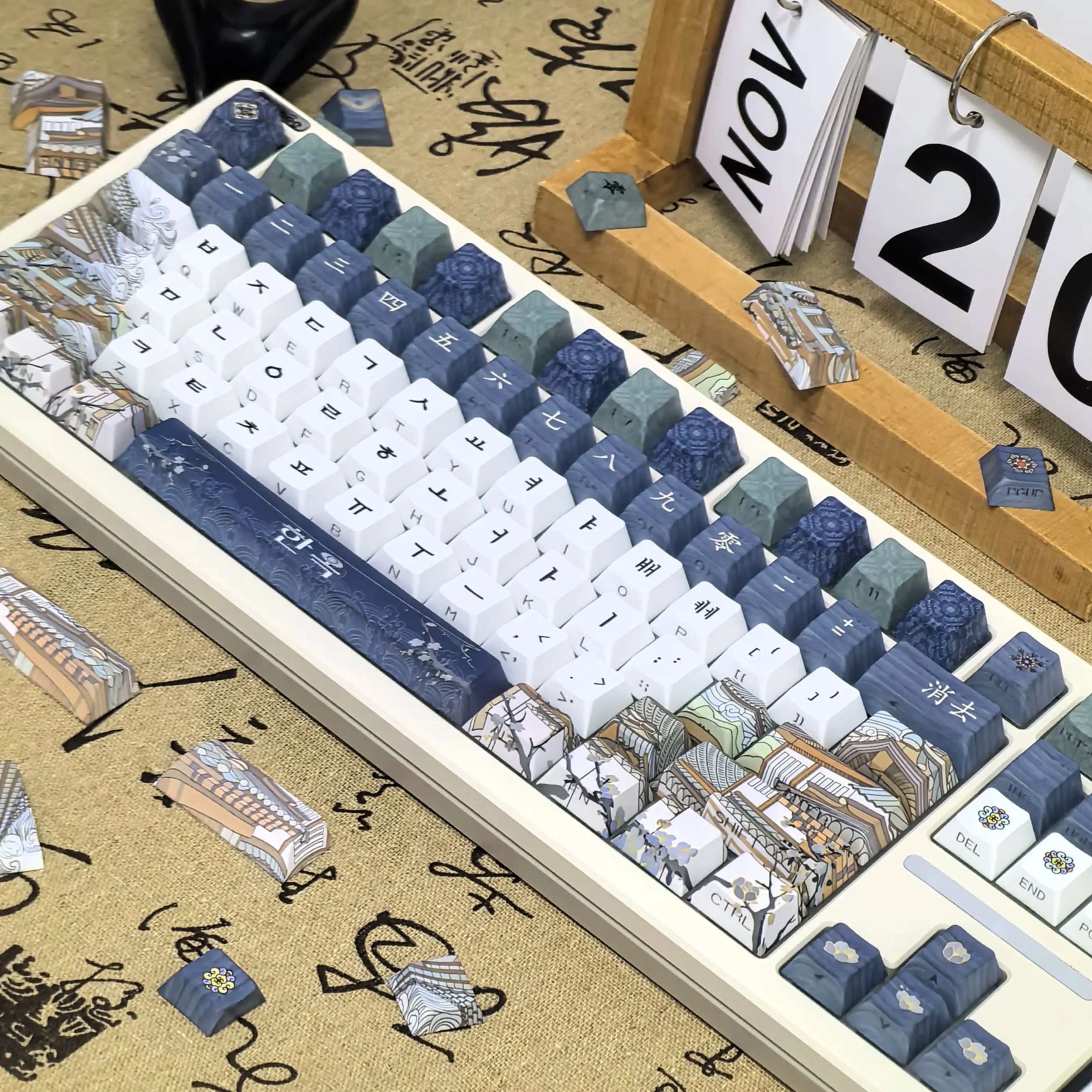 

MAIMOOO Korean Keycap Traditional Architectural Design Cherry Pbt Aula F75/F87 Blue White Alice Layout Hangul Keyboard Keycap