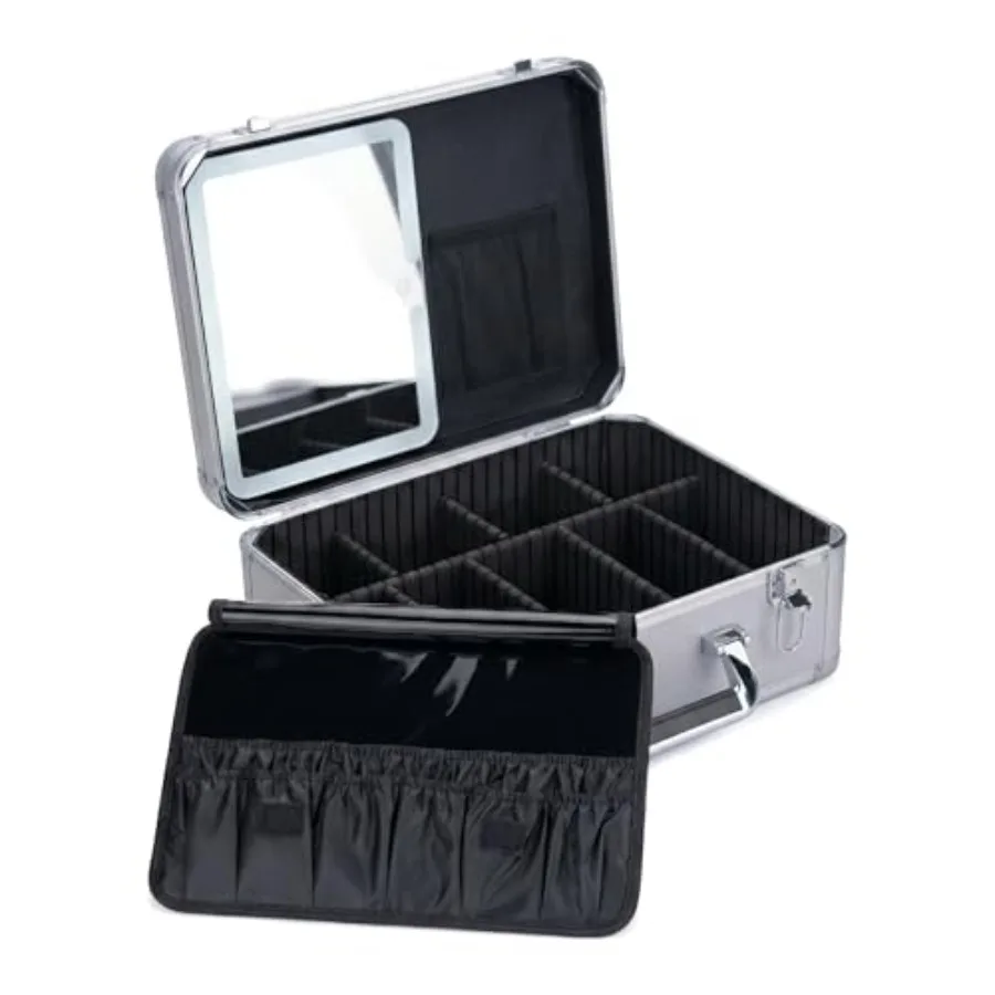 

Extra Large 15 inches Makeup Case with Lighted Mirror Cosmetic Organizer with Adjustable Dividers, Magnetic LED Mirror, Portabl