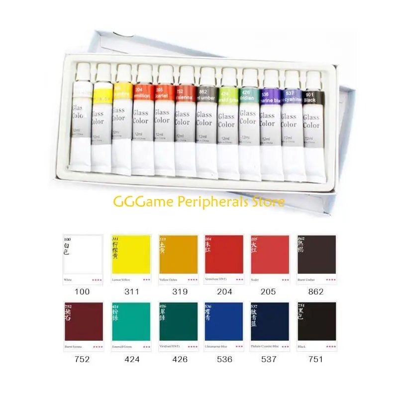 U55B 12ml 12 Colors Glass Paint Acrylic Hand Painted Pigments Drawing Tubes Set Artist Art Supplies