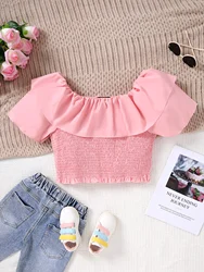 Summer New Girls' Ruffled One Neck Off Shoulder Short Sleeved Shirt With Pleats Slim Fit And Slimming Effect Short Shirt