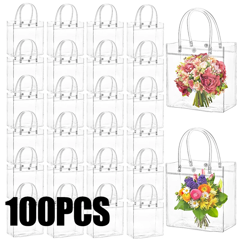 10–100 Stück durchsichtige Geschenktüten aus Kunststoff mit Griff, transparente Geschenktüte, wiederverwendbare Einkaufstasche, PVC-Goodie-Taschen für Hochzeits-Partyzubehör