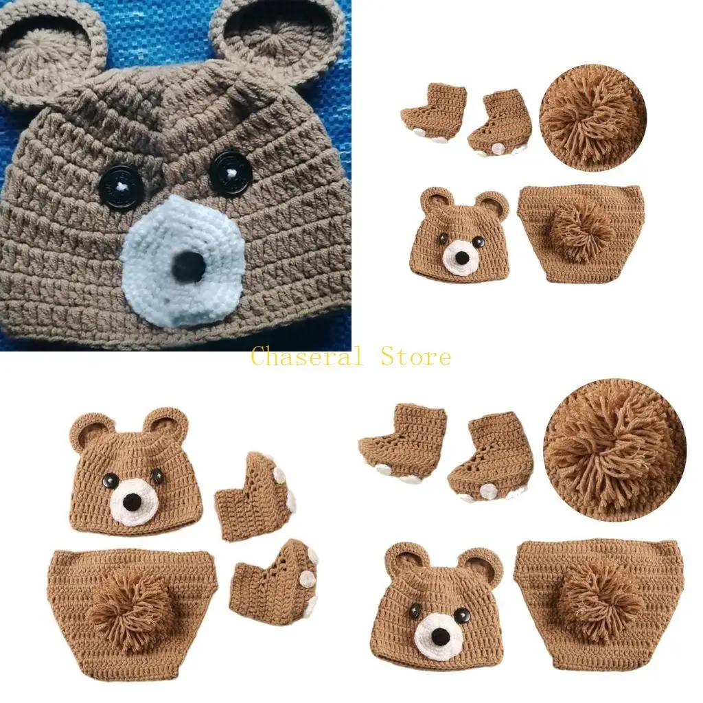 

E7CE очаровательная шапка с мультяшным медведем, комплект штанов и вязаной обуви в тон, идеальный наряд для фотосессии