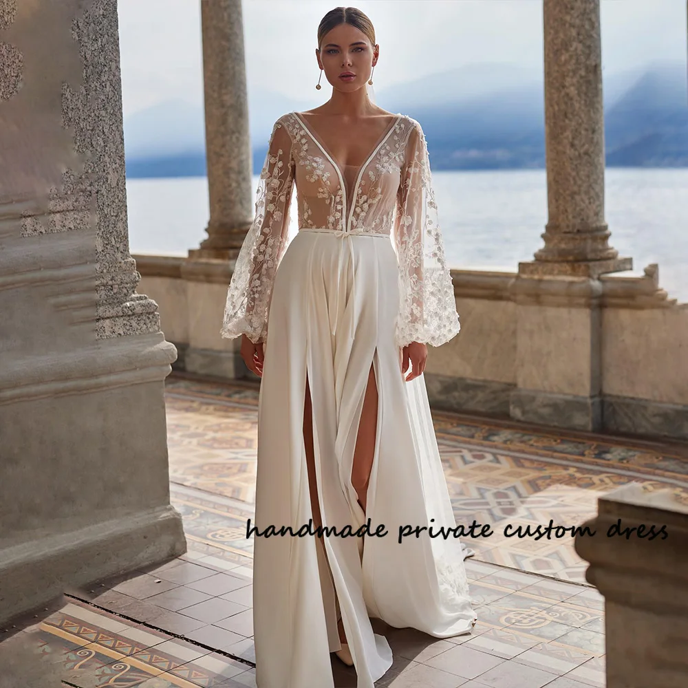 

Boho Wedding Dresses Lace Appliques Full Sleeve Beach Bride Dress Sexy Split Long Wedding Bridal Gowns Customized