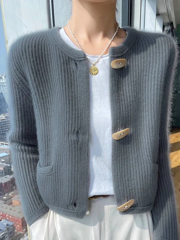 

Свободный вязаный шерстяной кардиган женский с круглым вырезом, осенний, для повседневной носки, из мягкой ткани, с длинными рукавами