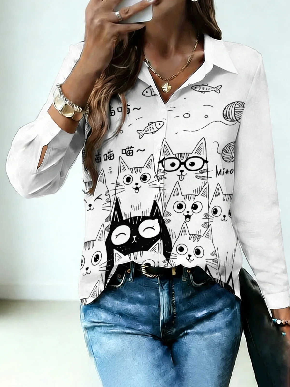 Minimal Office Cartoon Kitten Print Women Lapel Blouse Solid White Background Hand Drawn Meow Letter Fish Yarn Ball Long Sleeve