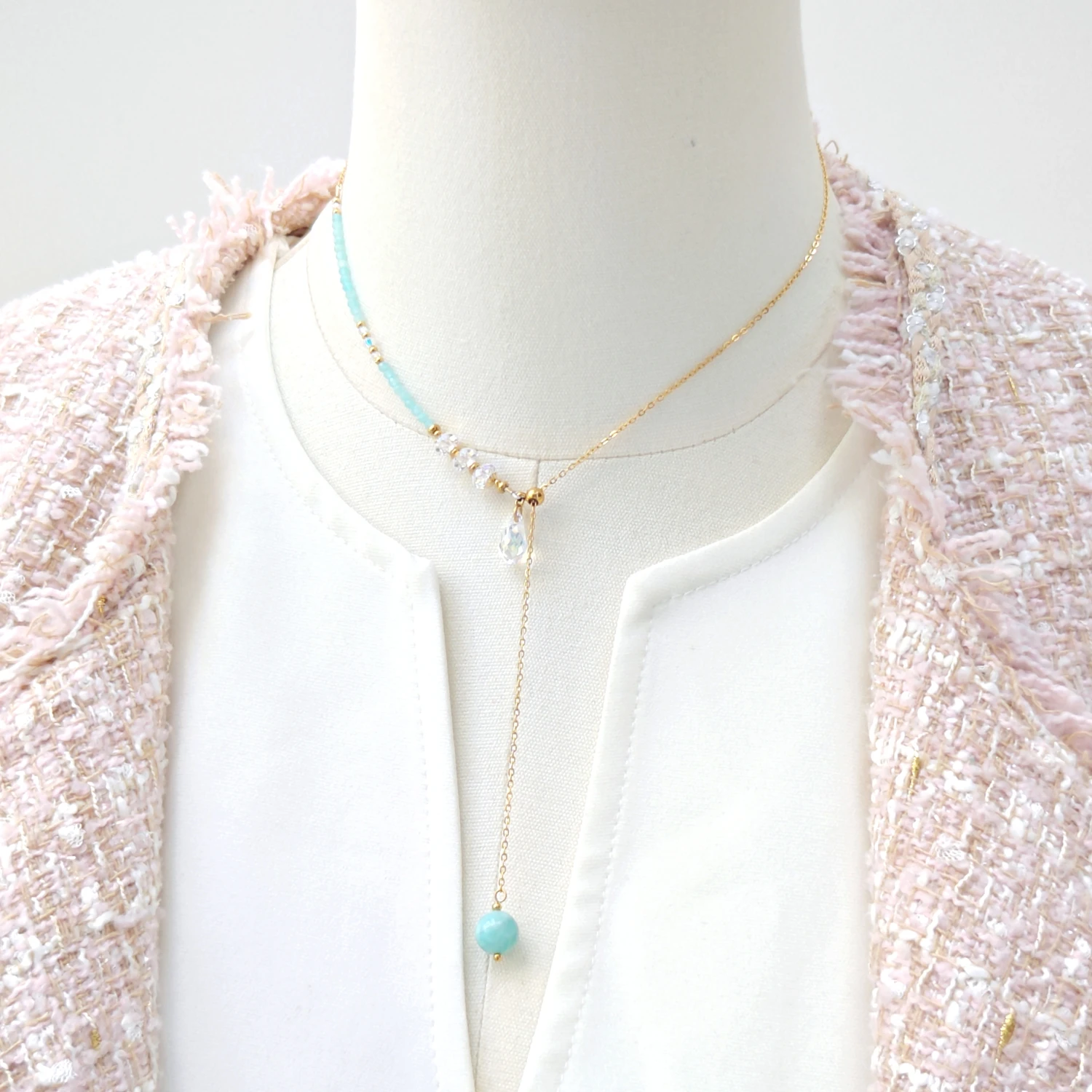 Lii Ji Amazonite Austrian Crystal Tourmaline Emerald  Tanzanite Natural Stone Necklace Gold Stainless Steel Handmade Jewelry