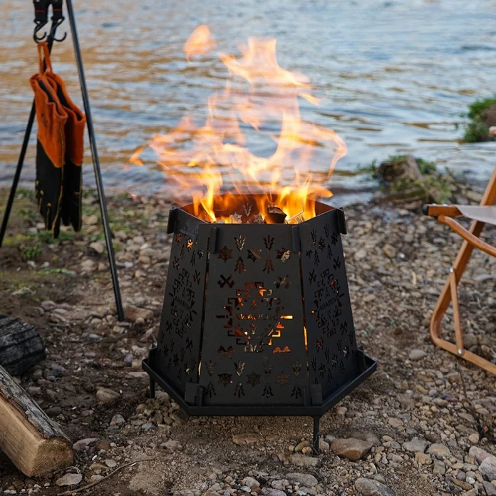 

Outdoor Round Stove Camping Campfire Stove Portable Firewood Charcoal Barbecue Grill Bonfire Folding Burning Stove New