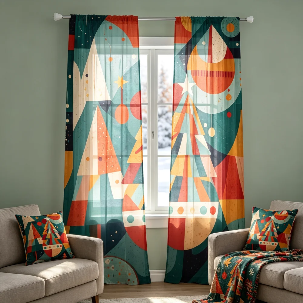 Curtain Rods - 2PCS Christmas Curtains, Geometric Color Block