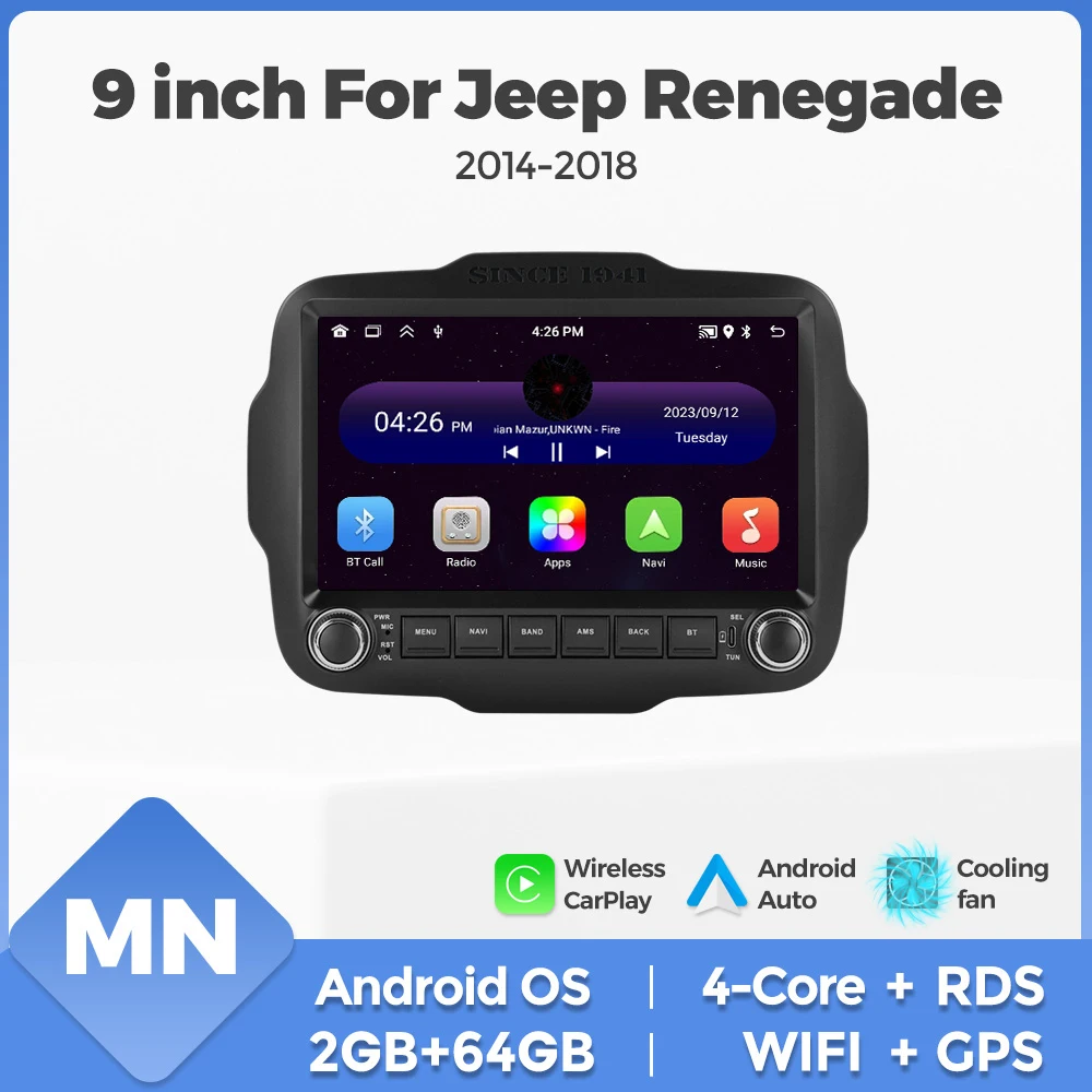Radio para Auto con Android 15 y Carplay Inalámbrico para Jeep Renegade 2016 2017 2018 2019 2020, Reproductor Multimedia, GPS, Pantalla Auto, Estéreo 2 Din
