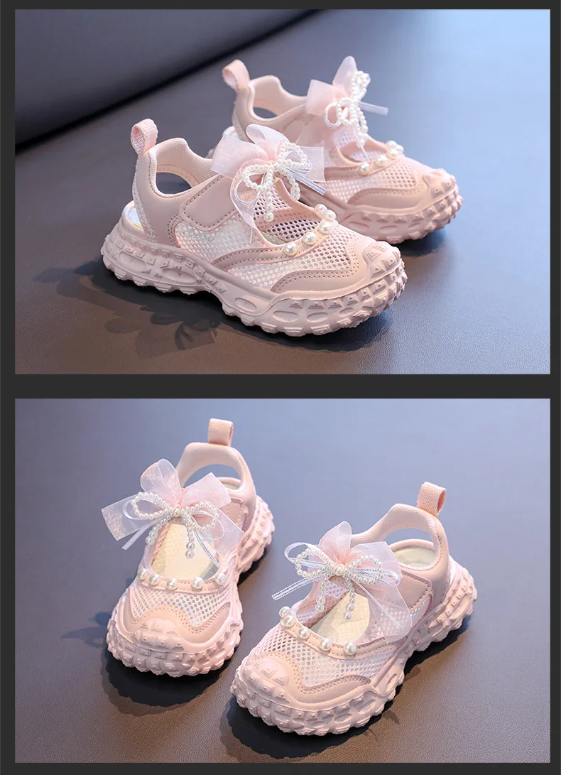 Süße Perlen-Schleifen-Dekoration Sneakers für Mädchen 2026 Herbst Atmungsaktive Mesh-Sportschuhe mit Lochmuster Weiche Laufschuhe mit Dicker Sohle – Detail 9