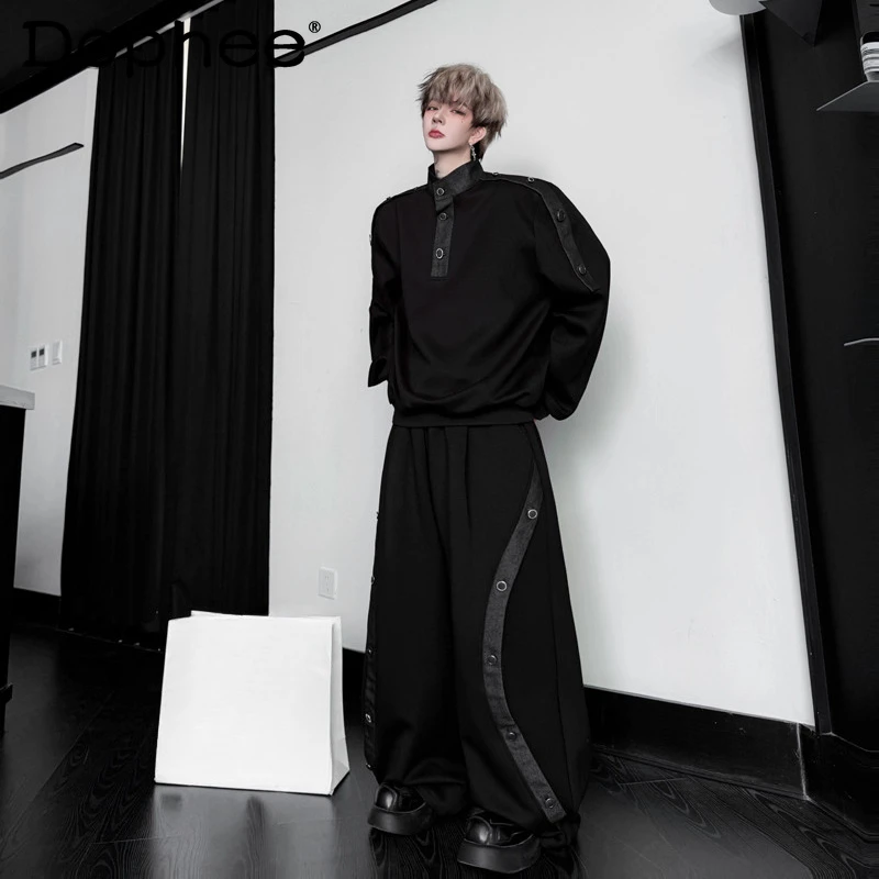 2025 Autumn New Trendy 2pcs Male Stand Collar Splicing Long Sleeve Denim Sweatshirt Sets Men High-end Wide-leg Curved Pants Sets